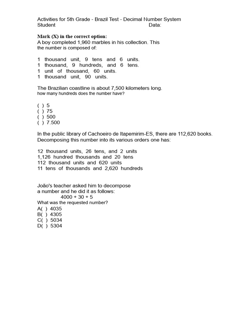 5th Grade Activities: Decimal System Test | PDF