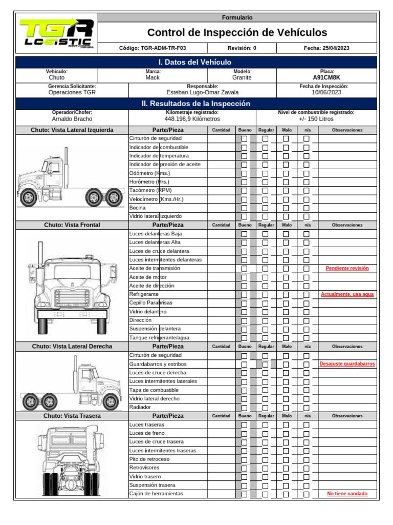 Inspección de Vehículos y Equipos TGR | PDF | Tecnologías automotrices ...