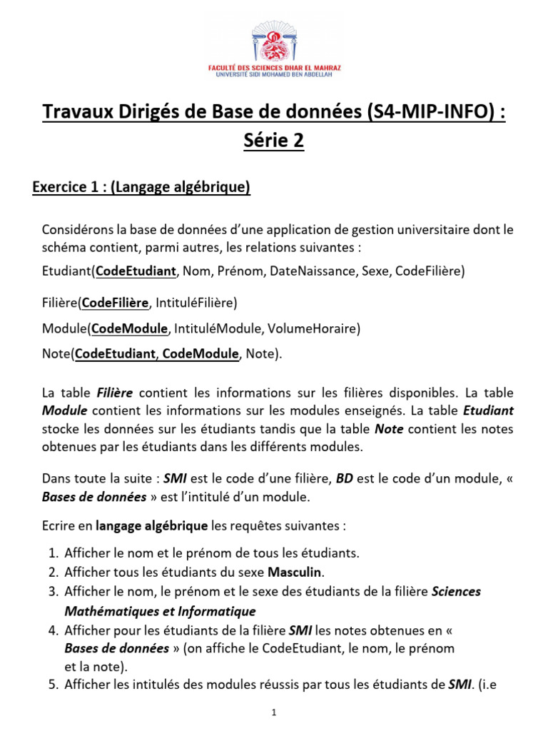 Travaux Dirigés : Requêtes SQL et Algébriques | PDF | Bases de données ...