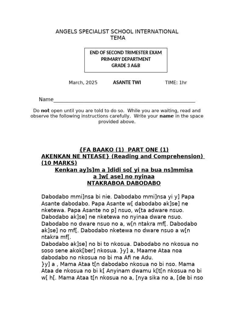 Asante Twi Exam for Primary 3 | PDF | Linguistic Typology | Grammatical ...