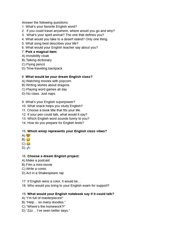 Fun English Class Reflection Questions | PDF
