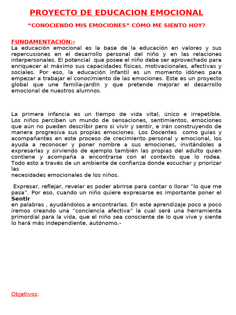 Proyecto de Educación Emocional Infantil | PDF | Las emociones ...