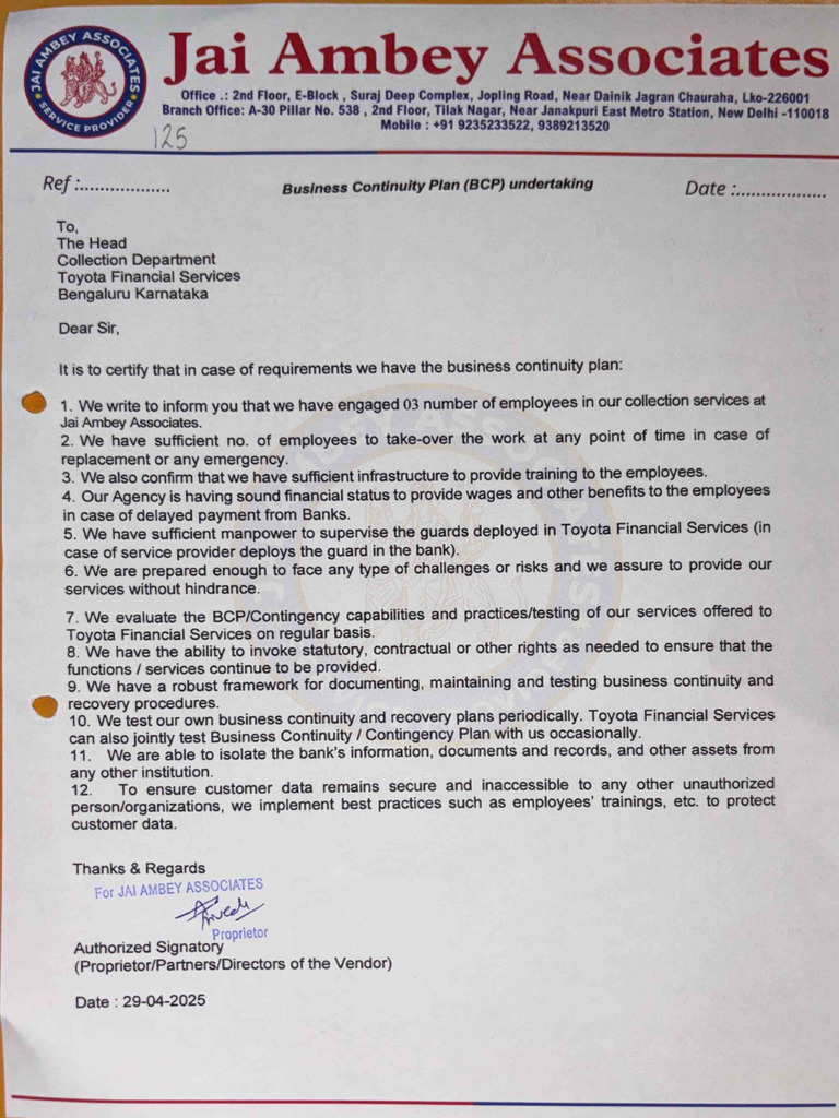 Toyota BCP Certification Letter | PDF | Business