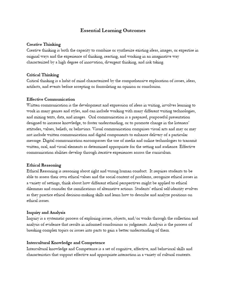 Essential Learning Outcomes Overview | PDF | Communication | Thought