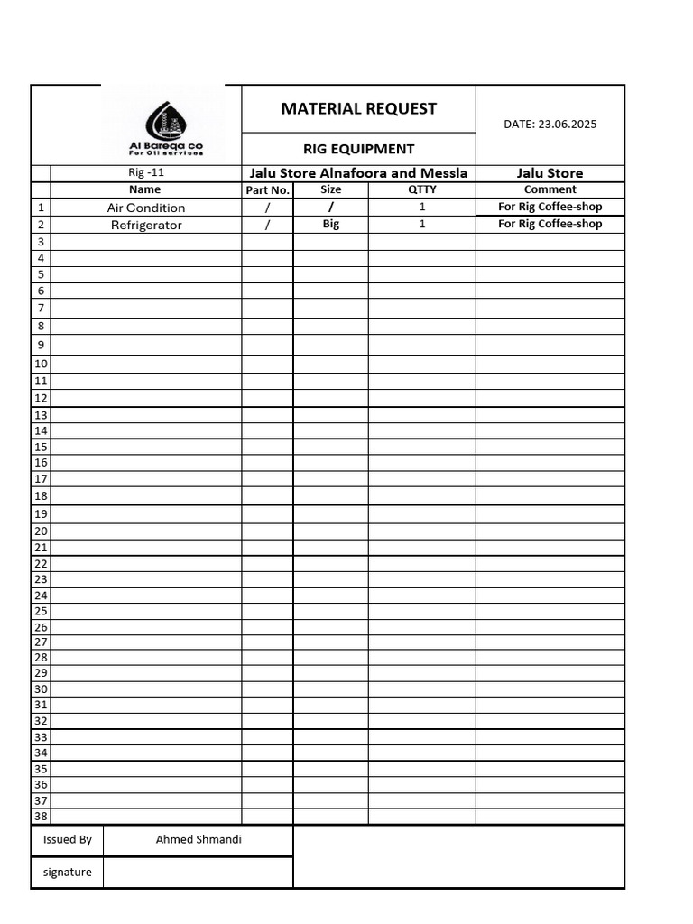 Material Request for Rig Equipment | PDF