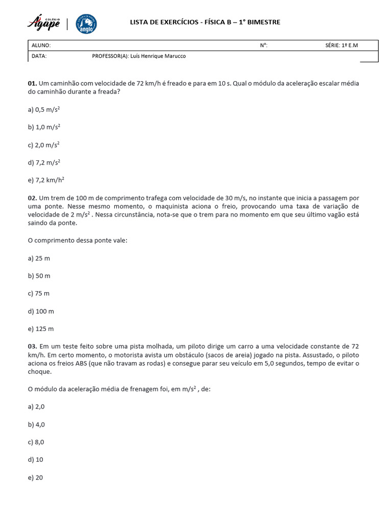 Lista de Exercicios para Primeiro Ano Do Medio Fisica | PDF | Mecânica ...