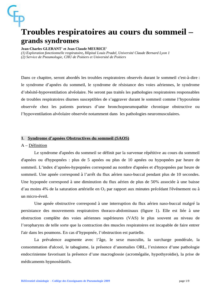 Troubles respiratoires du sommeil : syndromes | PDF | Syndrome d'apnées ...