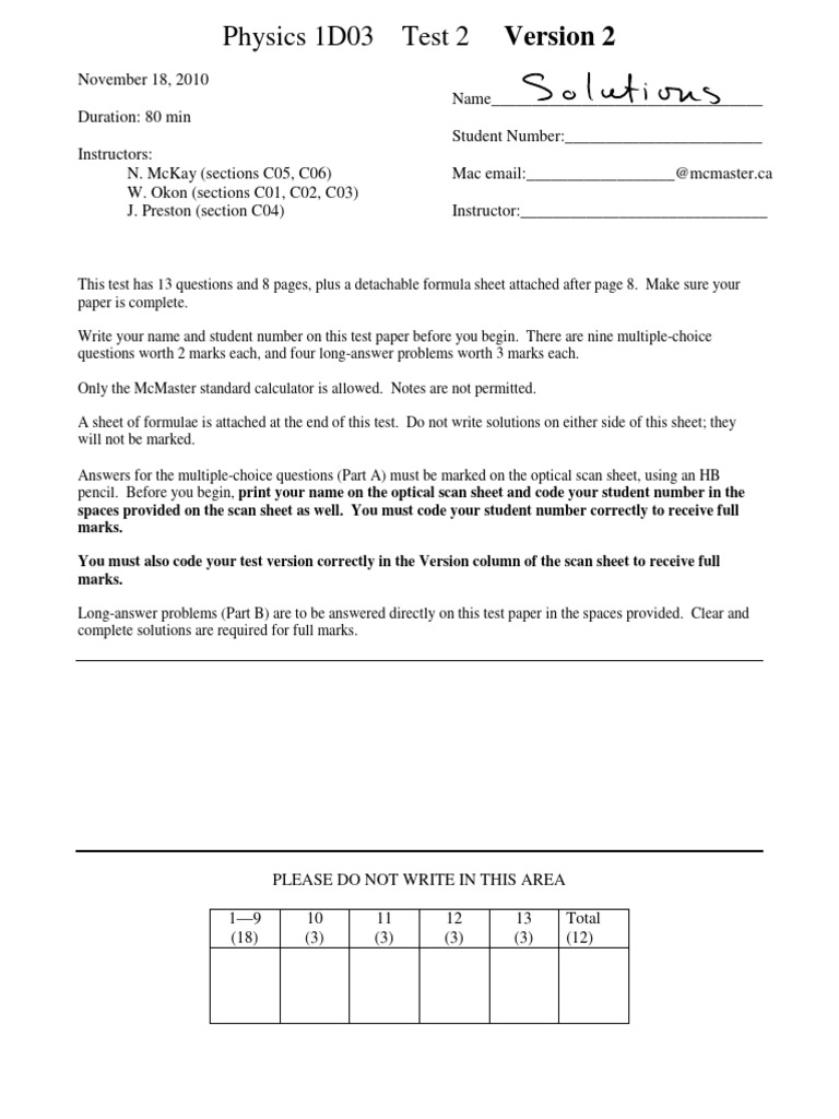 Physics 1D03 Test 2 Instructions | PDF | Momentum | Mechanics