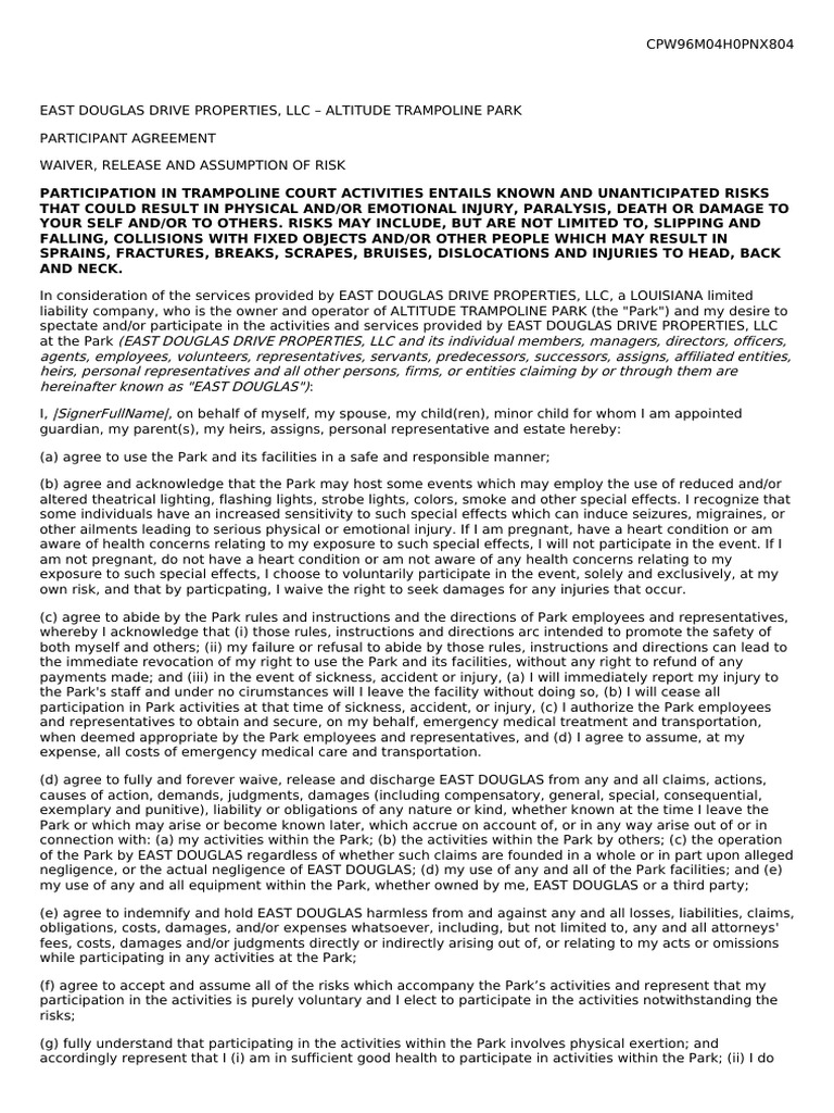 Trampoline Park Waiver and Release Form | PDF | Damages | Justice