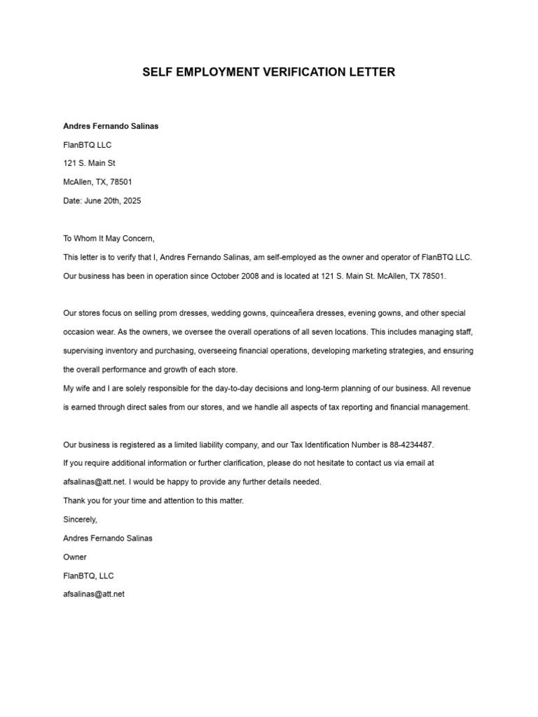 Self-Employment Verification Letter | PDF