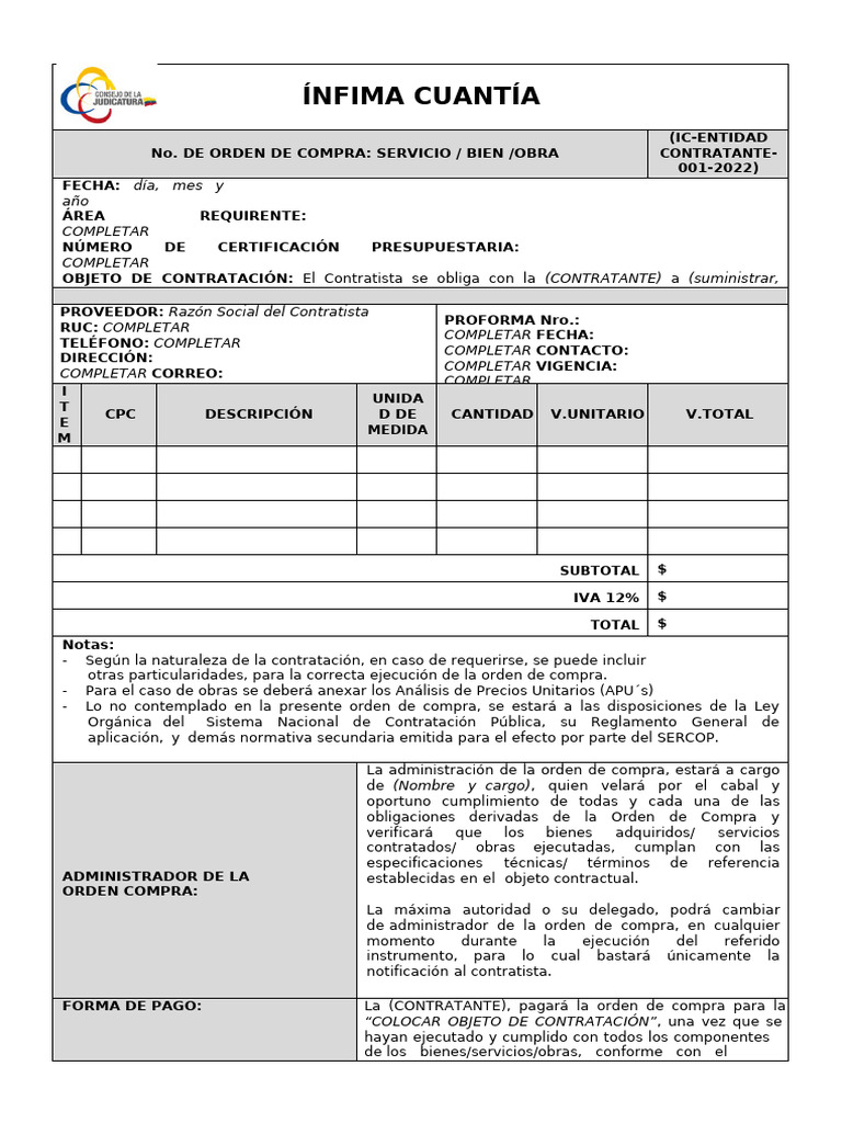 Orden de Compra de Ínfima Cuantía | PDF | Multa (pena) | Presupuesto