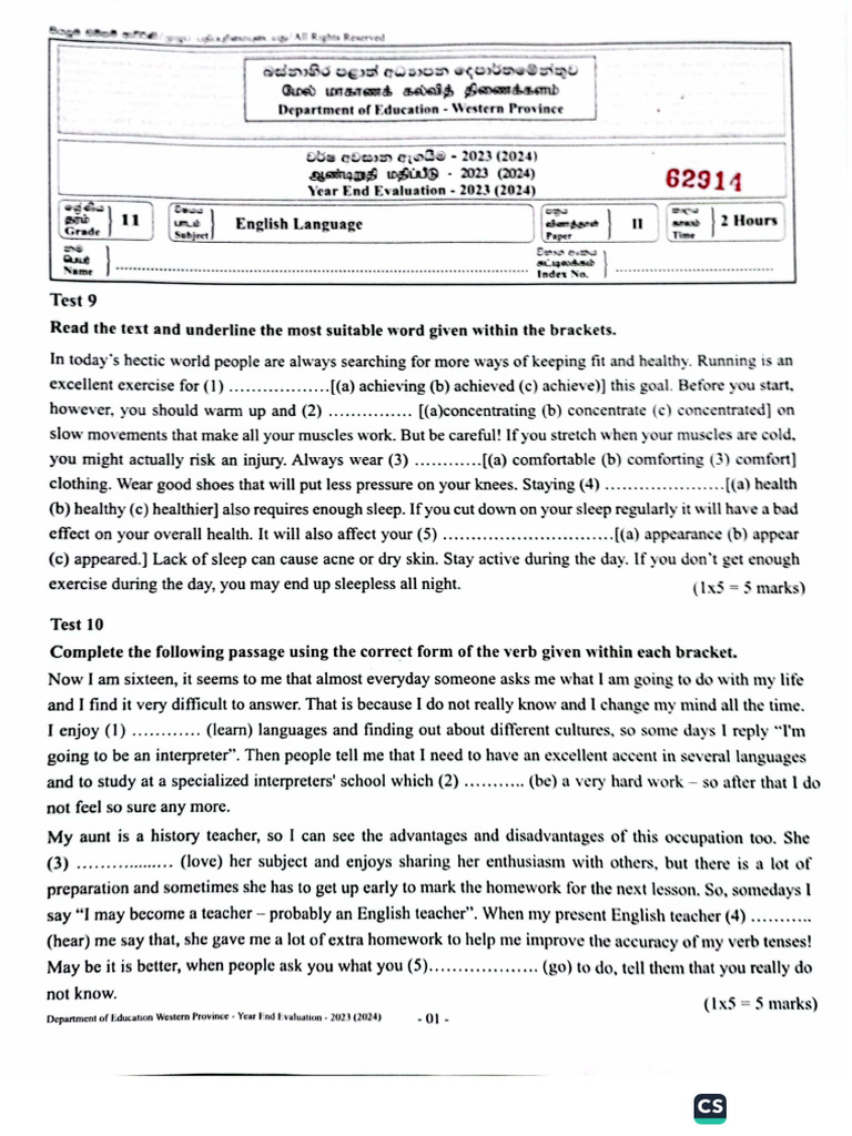 English - Grade 11 - Third Term Test 2023 - Paper 11 - Western Province ...
