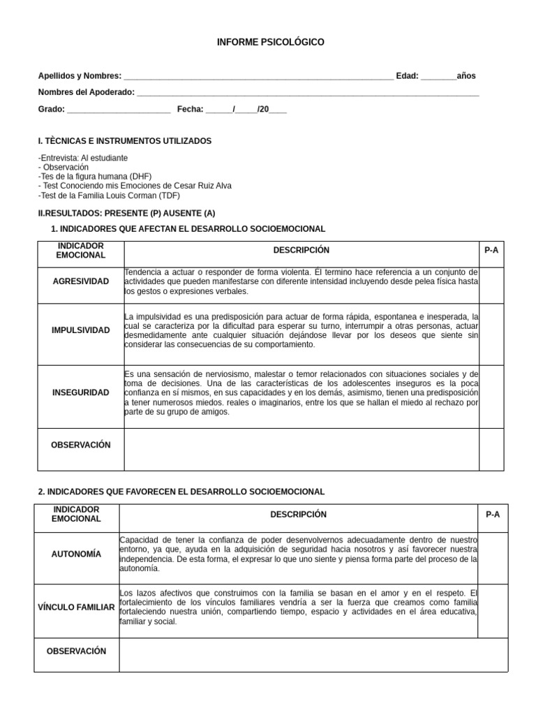 Informe Psicológico Secundaria | PDF | Las emociones | Autoestima
