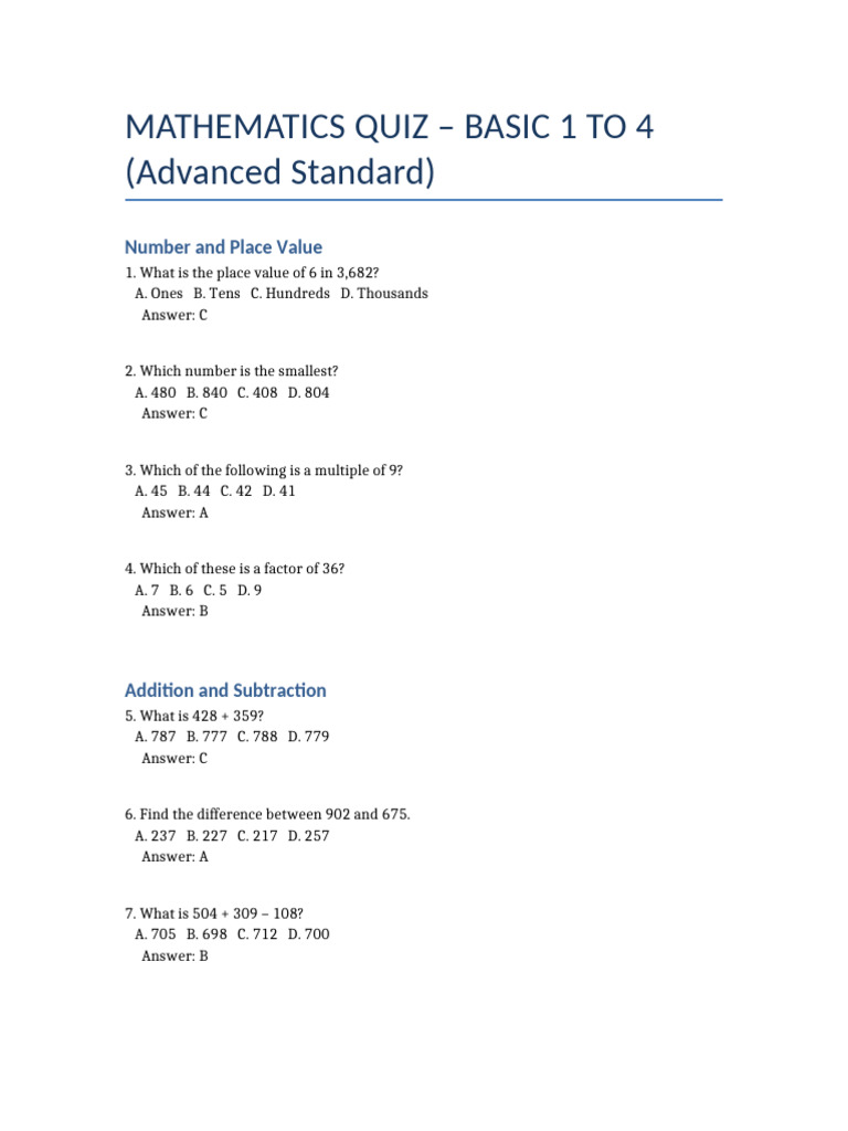 Basic Mathematics Quiz: Levels 1-4 | PDF