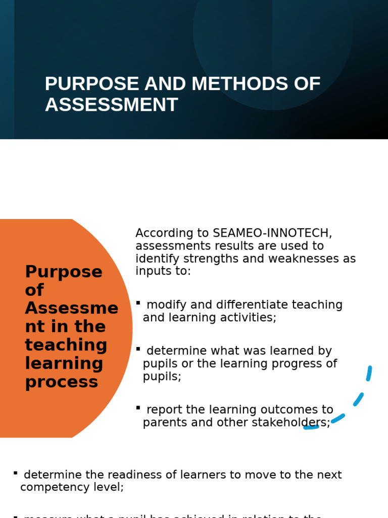 Purpose and Methods of Assessment | PDF | Educational Assessment | Teachers