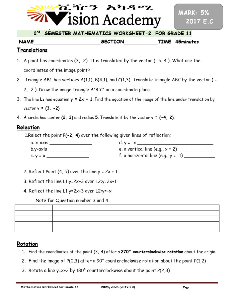 Grade 11 Math Worksheet: Translations & Reflections | PDF