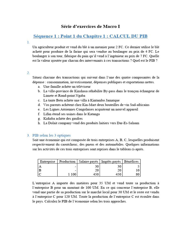 Exercices sur le Calcul du PIB | PDF | Produit intérieur brut | Prix