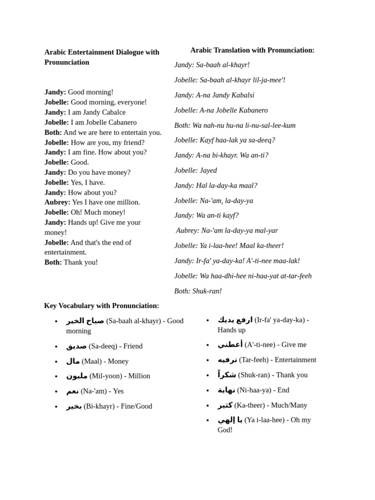 Arabic Entertainment Dialogue with Pronunciation | PDF