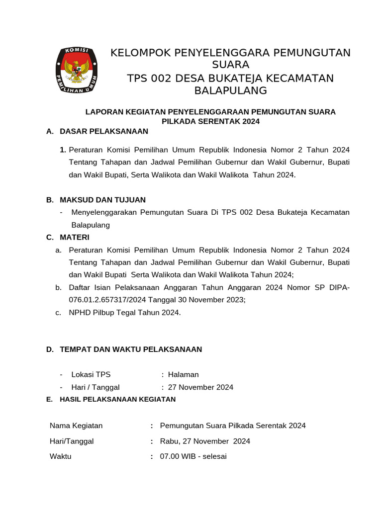 Laporan Pemungutan Suara TPS 002 2024 | PDF