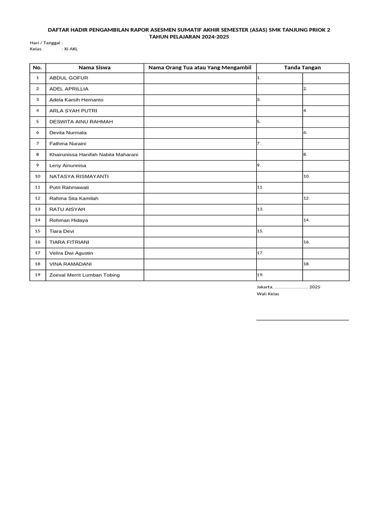 Daftar Hadir Pengambilan Rapor SMK | PDF