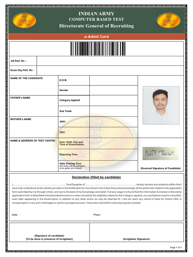 Indian Army Computer Based Test Admit Card | PDF | Identity Document