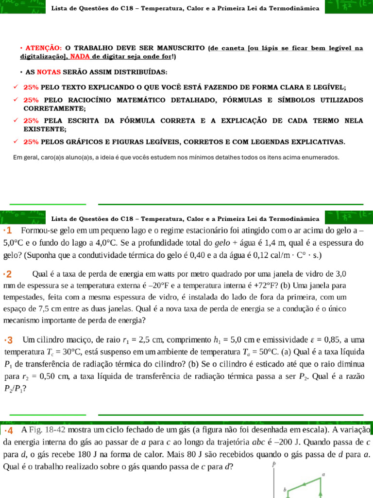 Lista de Questões do C18-Temperatura, Calor e a Primeira Lei_cópia | PDF
