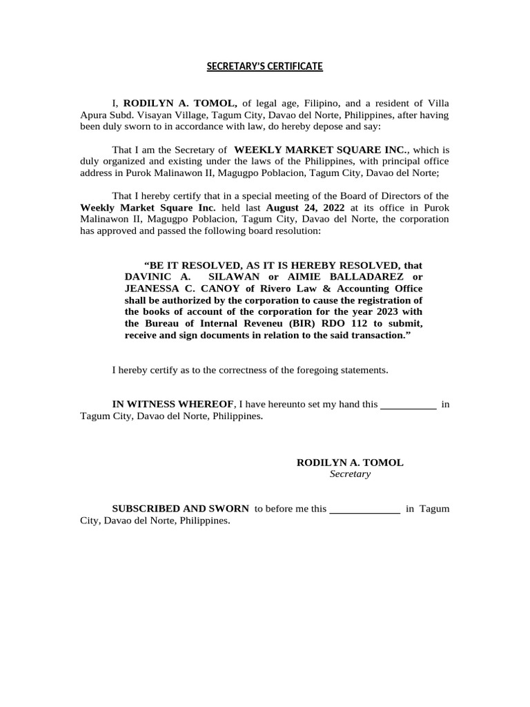 Secretary's Certificate for Board Resolution | PDF