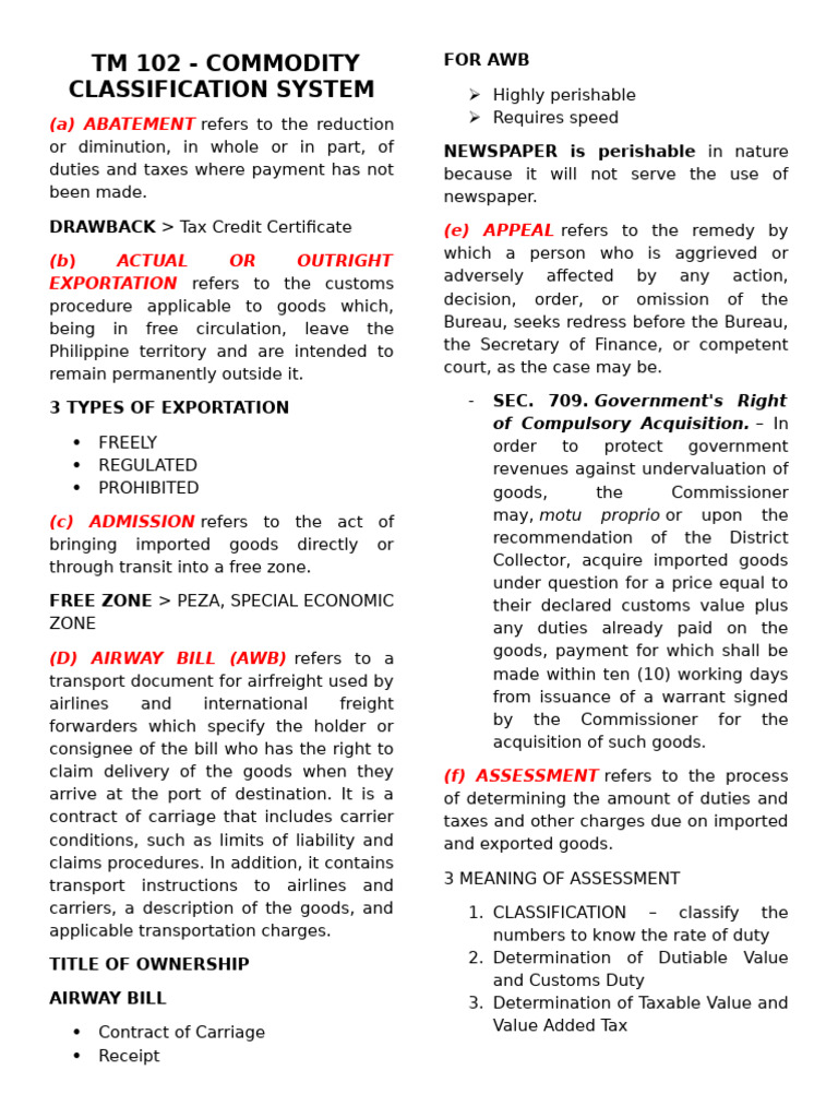 Philippine Commodity Classification Guide | PDF | Cargo | Bill Of Lading