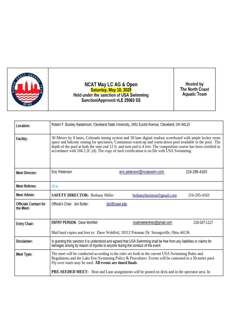 NCAT May LC Swim Meet 2025 Details | PDF | Swimming (Sport)