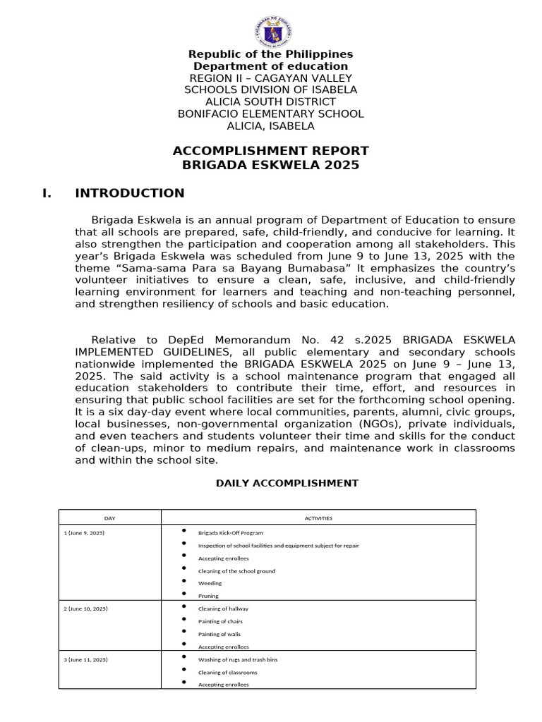Brigada Eskwela 2025 Accomplishment Report | PDF | Schools | Classroom