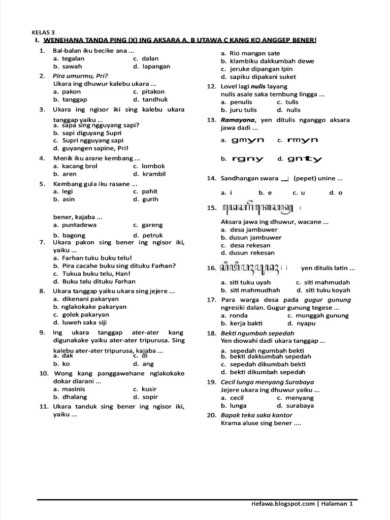 PDF Uas 2 Bahasa Jawa Kls 3 Compress | PDF