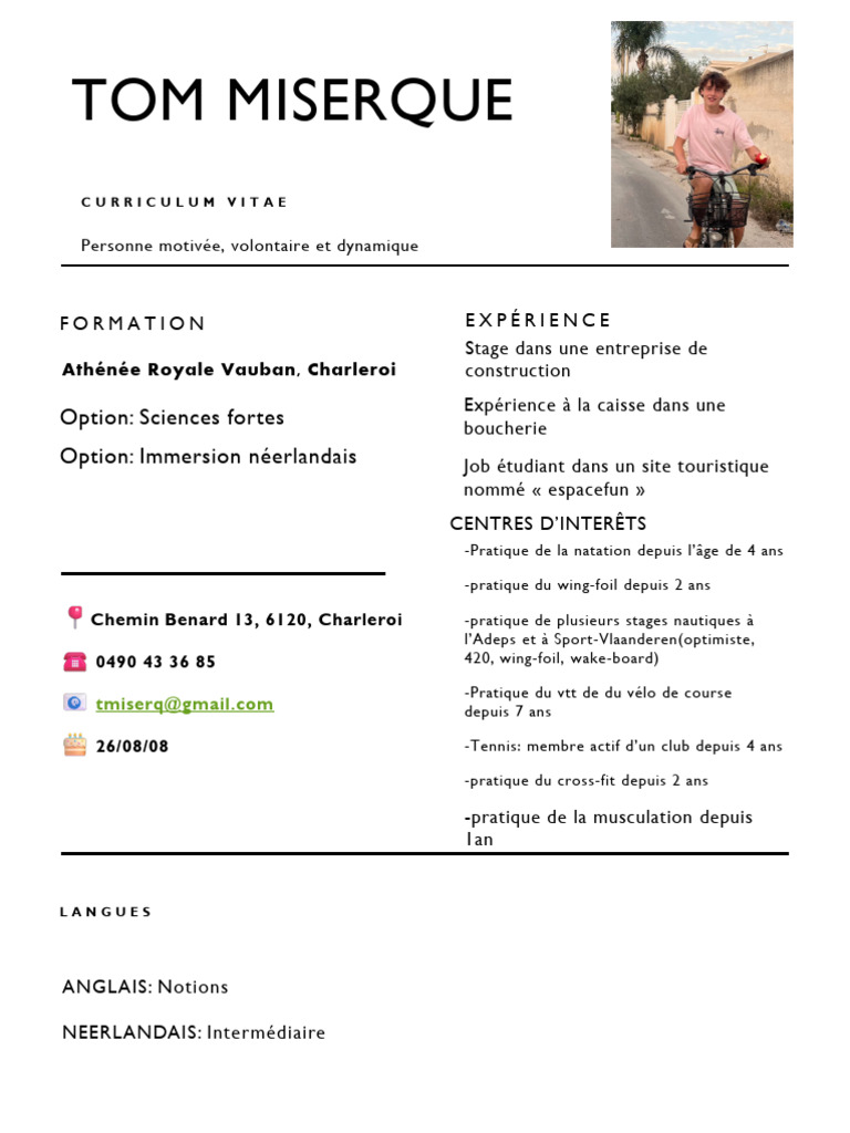 CV de Tom Miserque - Profil Sportif et Dynamique | PDF