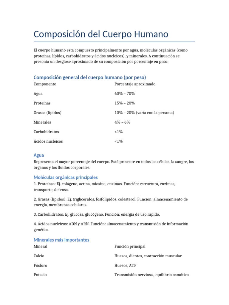 Composición del Cuerpo Humano por Porcentajes | PDF