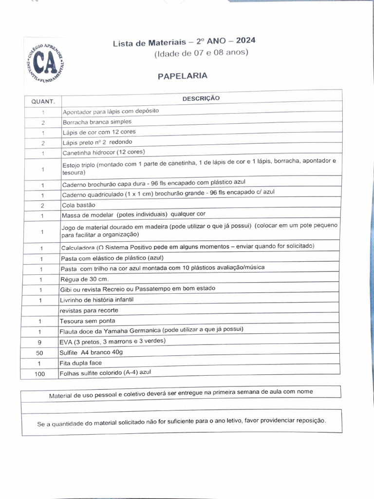 Lista de Materiais 2° Ano 2024 | PDF