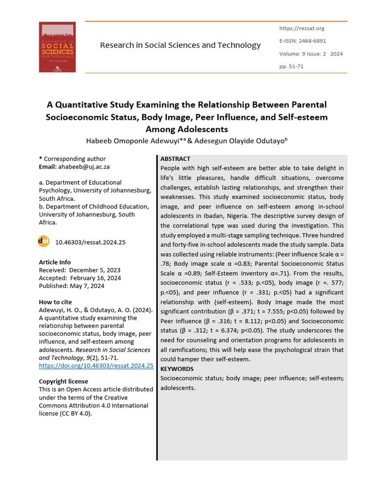 Body Image's Role in Adolescent Self-Esteem | PDF | Self Esteem ...