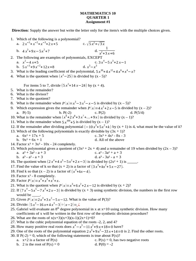 Math 10 Q1 Assignment 1 | PDF | Zero Of A Function | Arithmetic