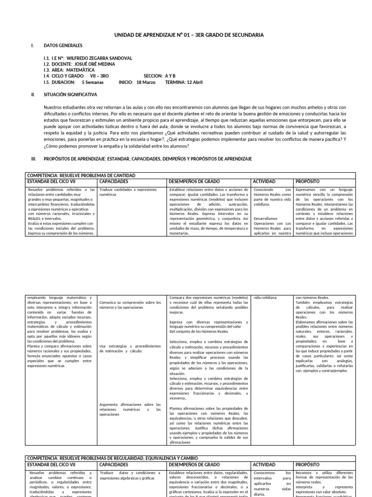 UNIDAD DE APRENDIZAJE 3ro N 01 18-03 Al 12-04-2024 | PDF | Número Real ...