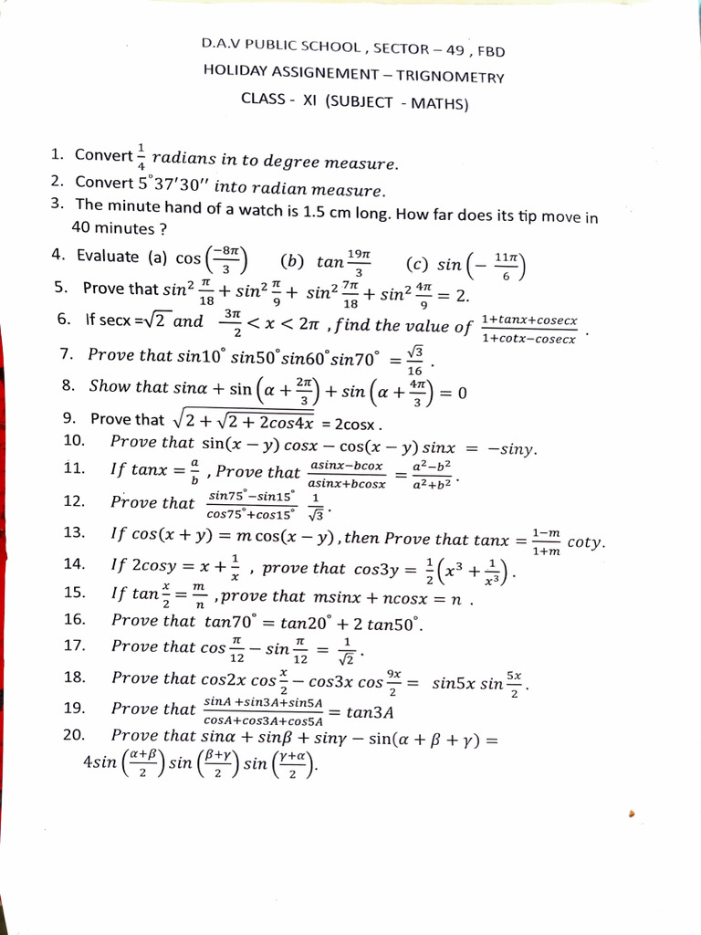 Trigonometry Class 11th Holidays Homework | PDF | Chess Theory | Chess