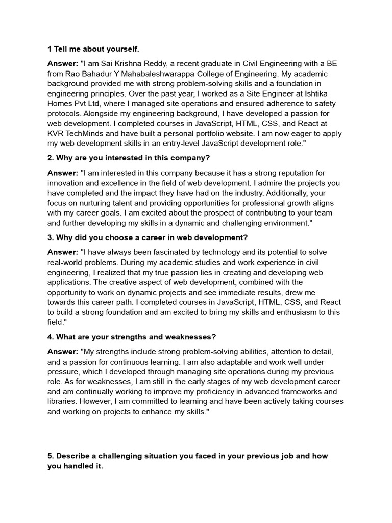 1 Tell Me About Yourself | PDF | Web Development | Engineering