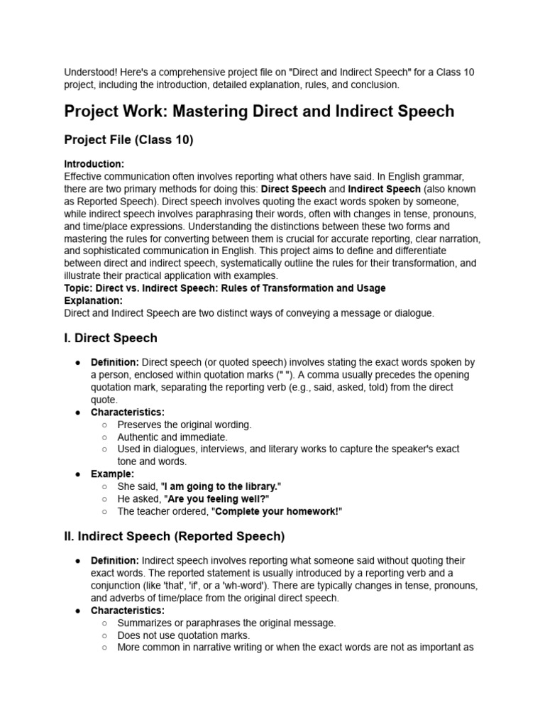 Direct and Indirect Speech Project Guide | PDF | Verb | Linguistic Typology