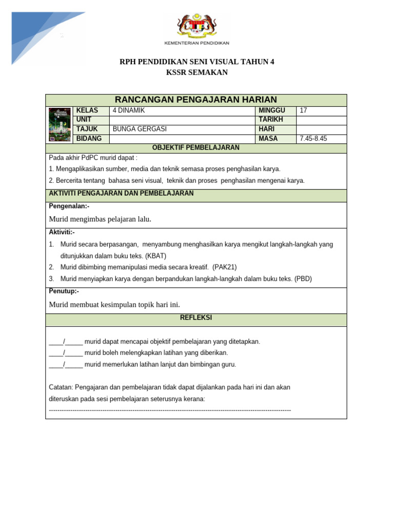 RPH Pendidikan Seni Visual Tahun 4 | PDF