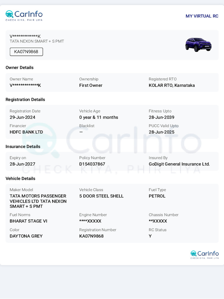 Carinfo KA07N9868 | PDF