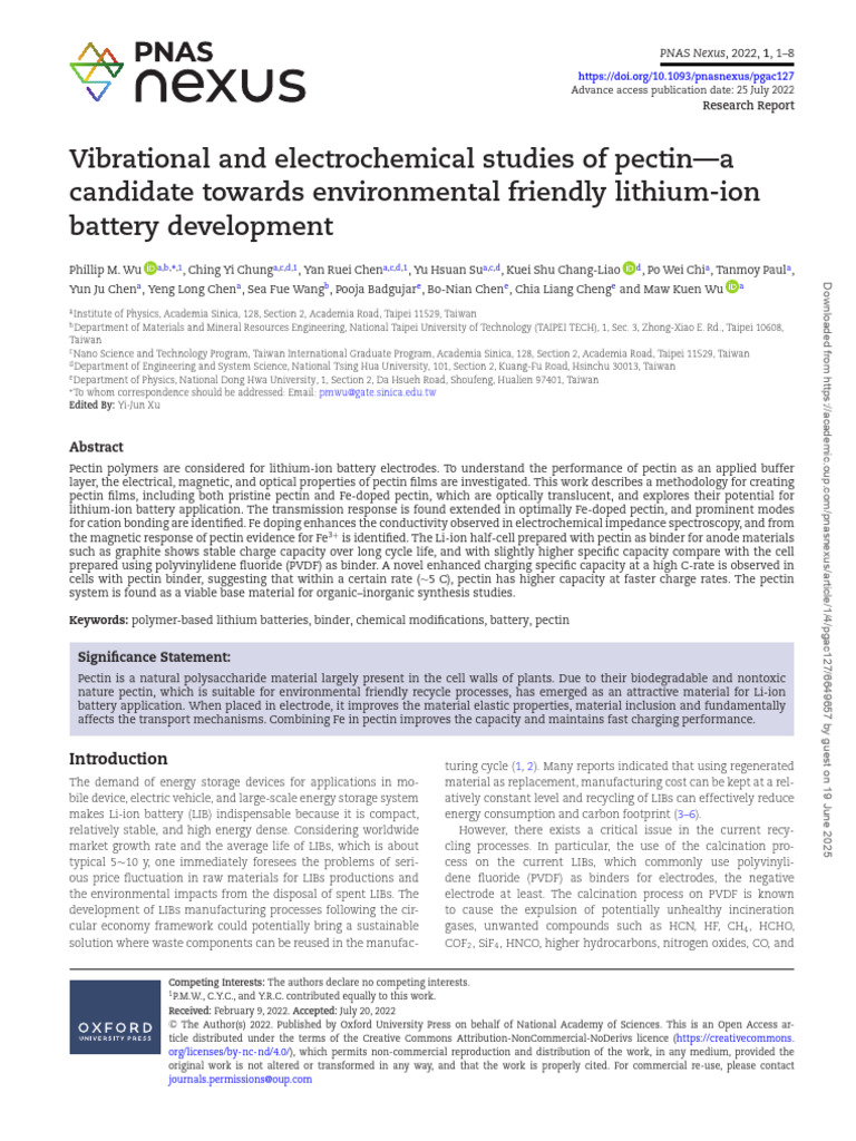 Vibrational and Electrochemical Studies of Pectin-A Candidate Towards ...