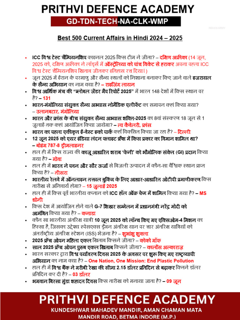 Best 500 Current Affairs in Hindi 2024 - 2025 | PDF