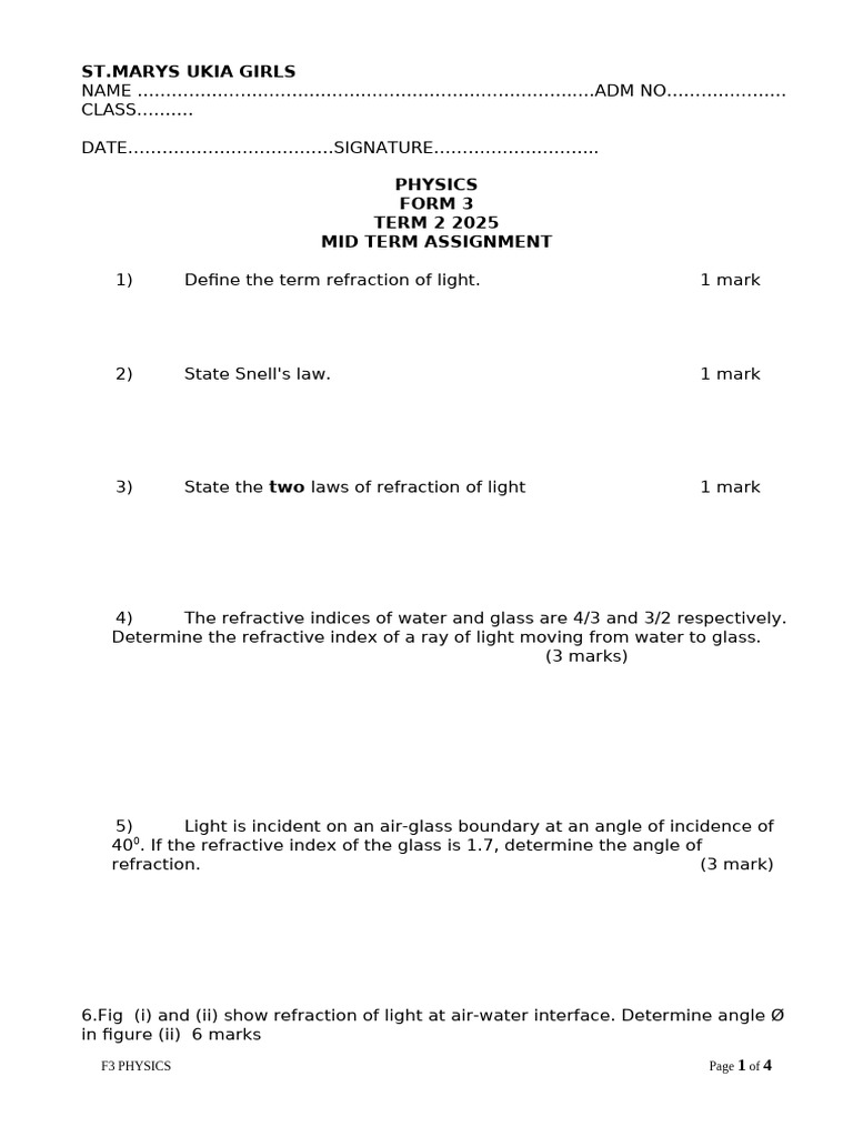 Form 3 Physics Mid Term Assignment | PDF | Refraction | Velocity