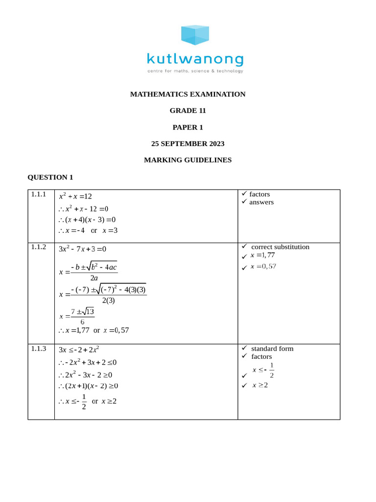 Grade 11 Mathematics Paper 1 (Memo 25 Sept 2023) | PDF | Equations ...