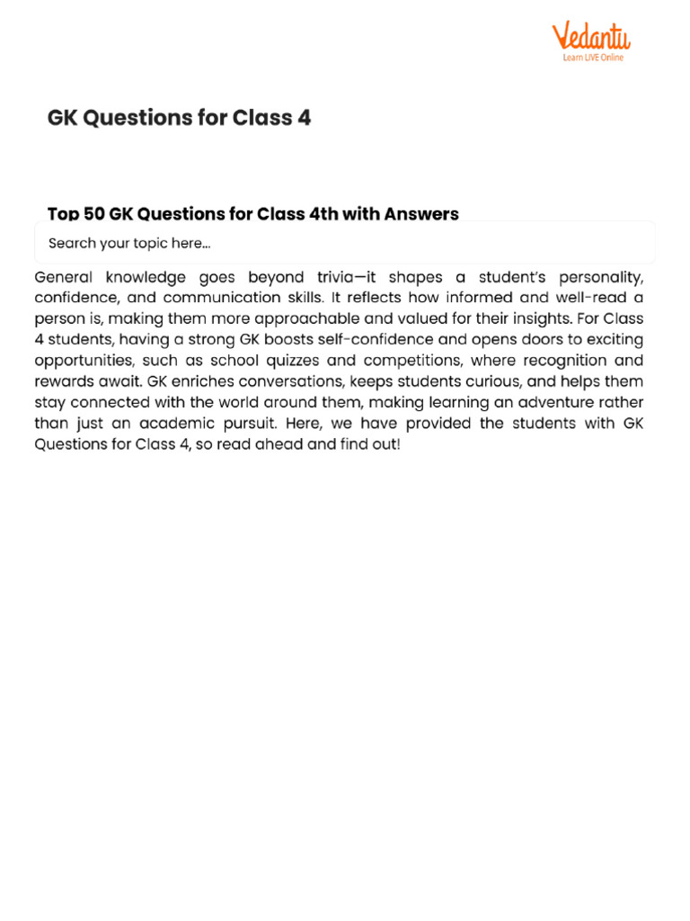 Gk Questions For Class 4 Pdf