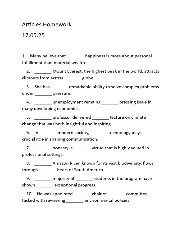 Articles Homework Exercises | PDF