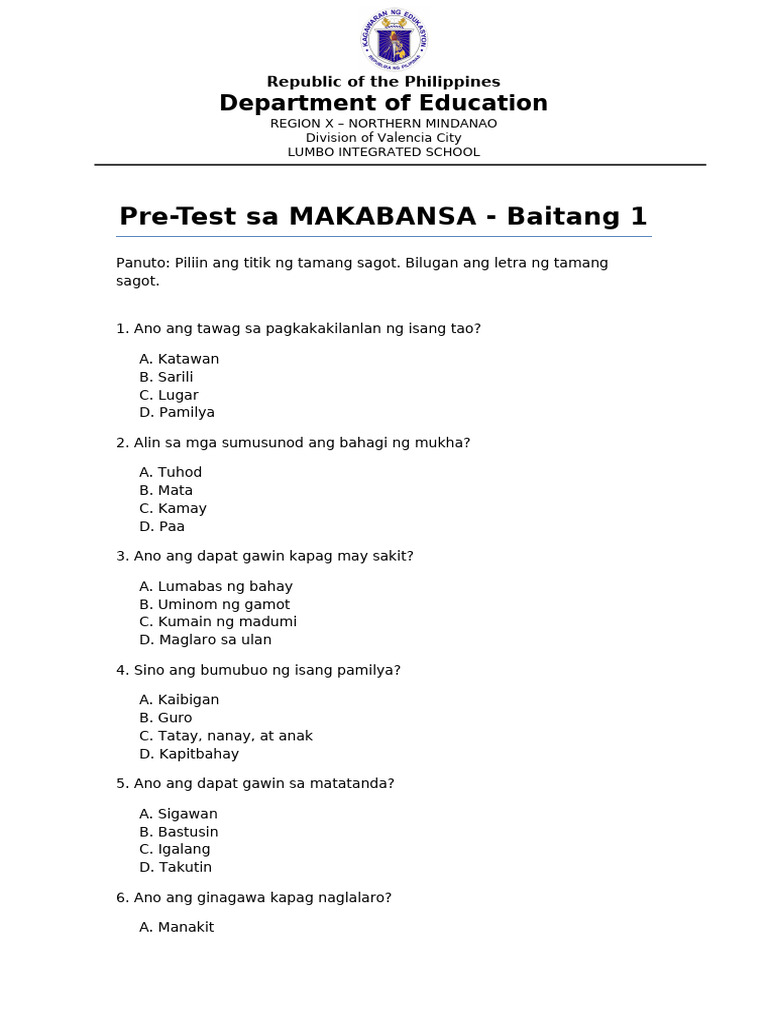 Makabansa Grade1 Pretest Pdf