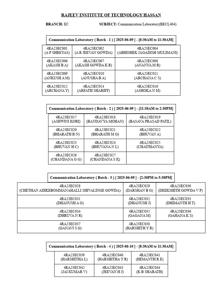 Communication Lab Schedule 2025 | PDF